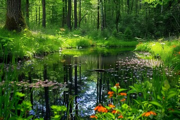 Small Pond Surrounded by Lush Green Trees