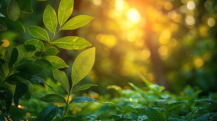Fototapeta na wymiar beautiful green tea leaves with sunlight , generative Ai 
