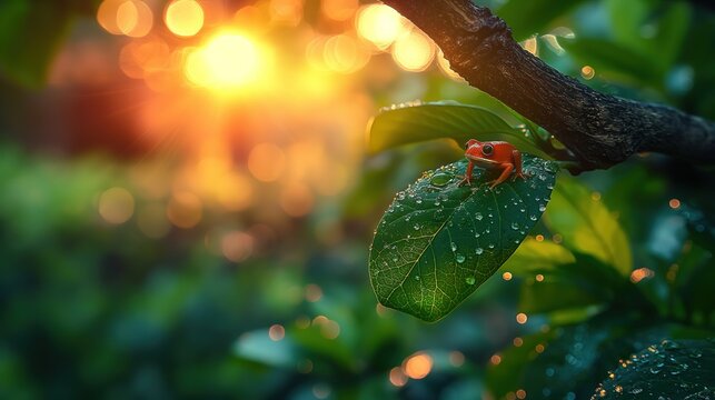 small red frog on green leaf in refresh nature garden, calm peaceful tranquil, Generative Ai