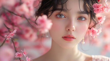 close up face portrait of pretty young Asian woman with  cherry blossom flower, spring fashion portrait theme of naive and sensual, Generative Ai - obrazy, fototapety, plakaty