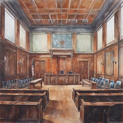 The image of courtroom. judge's bench in the center of the room 