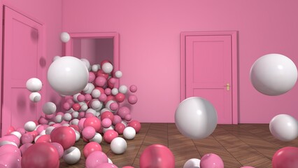 Colorful balloons flying in the room. 3D illustration, 3D rendering	