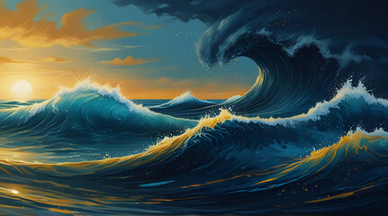 Magical fairytale ocean waves art painting. Unique blue and gold wavy swirls of magic water..generative.ai - obrazy, fototapety, plakaty