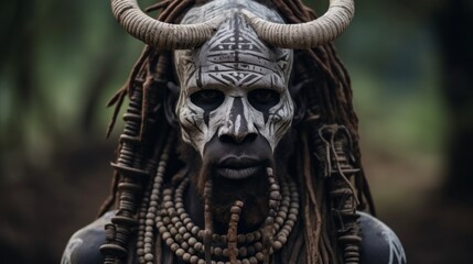 Obraz premium Close-up of Warrior, a man from the African Mursi tribe with traditional horns, Dreadlocks and a face painted with white patterns looks at the camera in Nature Ethiopia. Horizontal photo.