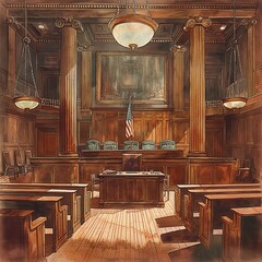 The image of courtroom. judge's bench in the center of the room  - obrazy, fototapety, plakaty
