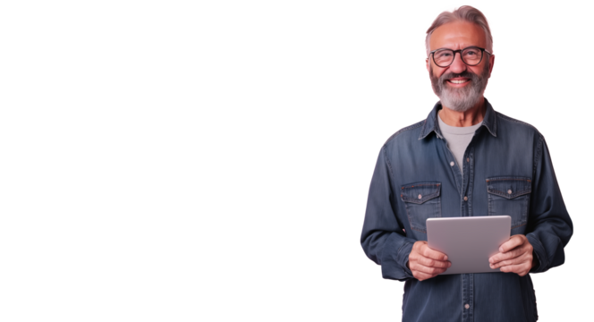 png picture of mature man looking at camera and holding a tablet, isolated on transparent background