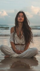 Fototapeta na wymiar young latin woman sitting in the lotus pose at the beach meditating wearing loose relaxing summer clothes