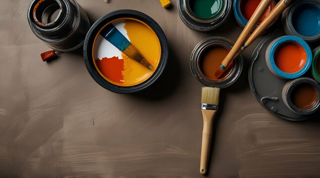 set of accessories for painting with paints and brushes. fine art tools. creative composition in flatley style.generative.ai
