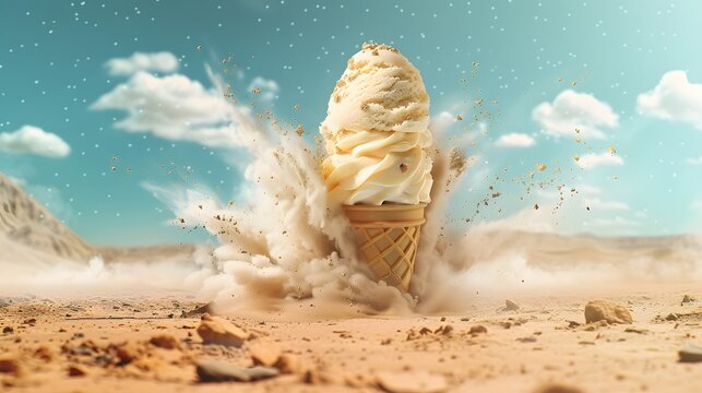 Dynamic Digital Collage of a Melting Ice Cream Cone in a Desert Dust Devil