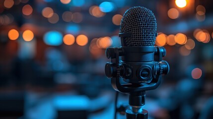 microphone with bokeh light in auditorium, public speaking, Generative Ai