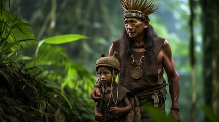 A tribal Resident, an American Indian Man hunts with his young son in the rainforest.