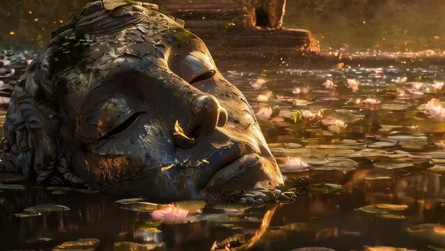 A giant stone statue, covered in moss, stands in a swamp at dusk. Weathered over many years, the statue coexists with lotus flowers floating on the water's surface. 