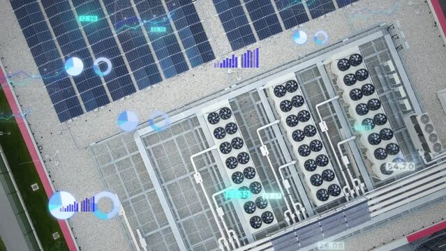 Digital Graphics Overlay Over Data Center Facility With Solar Panels And Ventilators. aerial topdown, after-effects