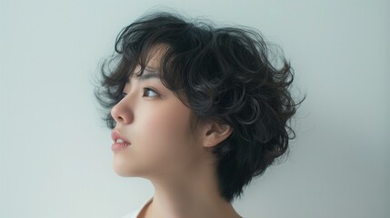 A minimalist composition featuring an Asian woman's curly short hair on a clean white background