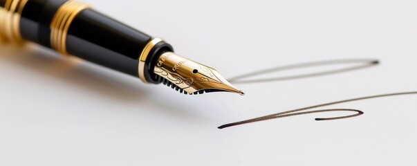 Retro style gold pen with signature on white paper - Powered by Adobe