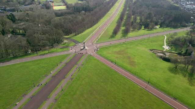 Wide shot of Stormont Estate, Belfast from above on a sunny day.

Camera pans right to left, revealing the Edward Carson statue at Stormont Estate.

Filmed in 4K at 60fps with Rec709 color space.