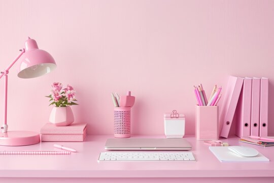 pink desk and office supplies business meeting professionals celebrating teamwork in an office