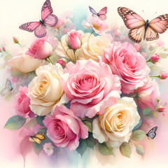 A watercolor painting featuring an arrangement of pink and cream roses, accompanied by delicate butterflies