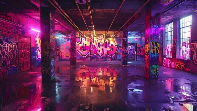 Empty room aglow with neon graffiti silent yet speaking volumes through art