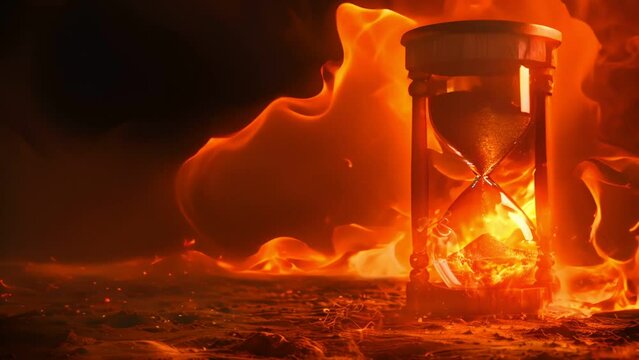 Hourglass against a fiery world scene, time and crisis theme, space for text