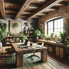 Fototapeta premium A photo-realistic image of a working table set in a rustic room, complemented by green plants