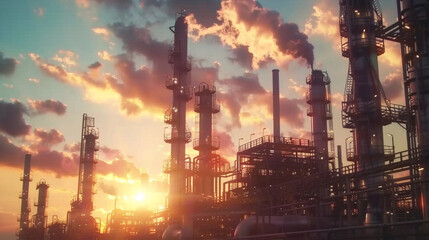 Oil and Gas Refinery Plant at Sunset - obrazy, fototapety, plakaty