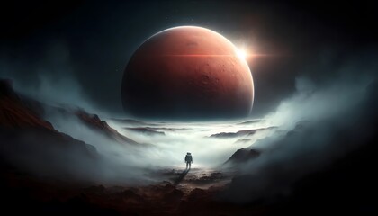 Astronaut Contemplating the Horizon on a Martian Landscape