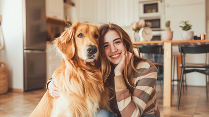 Domestic bliss: a brunette and her retriever sharing a moment of affection.