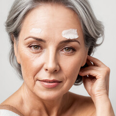 A middle aged woman posing in front of the camera with cream on her face and wearing a white dress, cosmetic inspiration, well aged