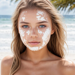 portrait of a beautiful blonde girl applying cream on her face, having sun on a beautiful beach, 