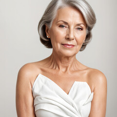 A middle aged woman posing in front of the camera with white dress, cosmetic inspiration, well aged