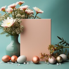 Template for Easter card. Festive mockup with eggs and flowers in a vase. Mint and orange, coral colors. Background. Minimalistic style, subdued colors.