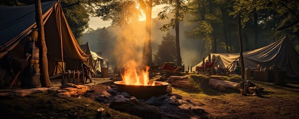 Close up photo of amazing fire pit near the tent in the forest. Camping theme.