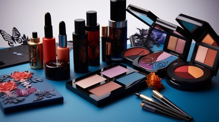 Beauty product collection make up set eyeshadow palette mascara eyeliner  - obrazy, fototapety, plakaty