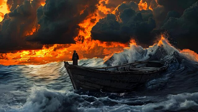 Under a sunset sky, an old wooden boat floats on a raging sea. Tossed by the waves, the boat desperately tries to push forward, but its fate remains uncertain. 
