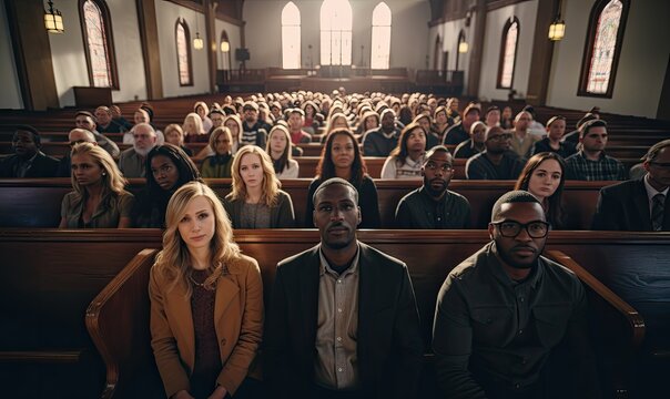people sit in the church and listen to the pastor's sermon during the service