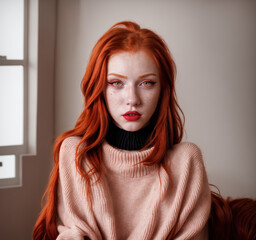 A pretty ginger girl with red hair looking at camera in a bedroom, with make up and red lips
