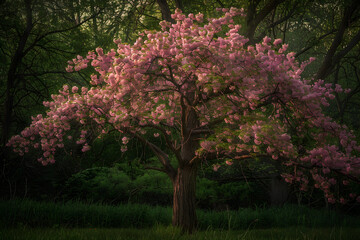 A solitary cherry tree in full bloom stands out with its lush pink blossoms against a textured, vintage-looking backdrop, signaling the arrival of spring.