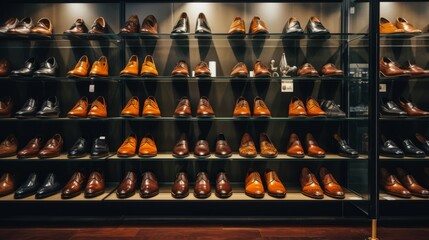 Large collection of leather shoes on display in a modern boutique - obrazy, fototapety, plakaty