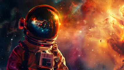 An astronaut floats in outer space amidst a backdrop of stars, An astronaut in an American...