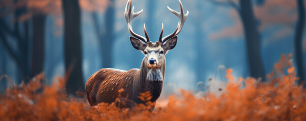 A majestic deer in a beautiful autumn forest - obrazy, fototapety, plakaty