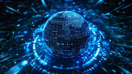 dark blue sphere with geometric patterns, surrounded by swirling blue lights and patterns that create a digital or cybernetic ambiance