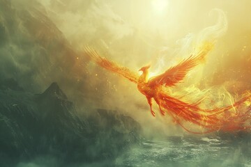 A phoenix bird in a fantasy land with copy space area - obrazy, fototapety, plakaty