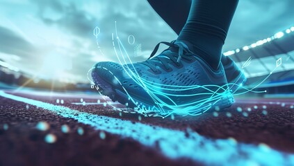 A closeup of an athlete_s shoe on the track, with digital waves emanating from it and visible data points around them, representing smart sports technology