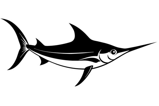 black and white swordfish swimming on white clip art preview