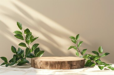 A wooden podium with green leaves on a beige background for product presentation