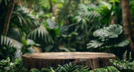 Close up of empty tree stump with tropical plants and green leaves in the background, product display podium made from wood