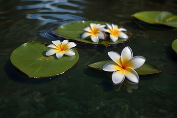Obraz na płótnie Canvas Plumeria flowers on green leaf floating on water. A peaceful and serene scene with a touch of nature and beauty. Generative AI