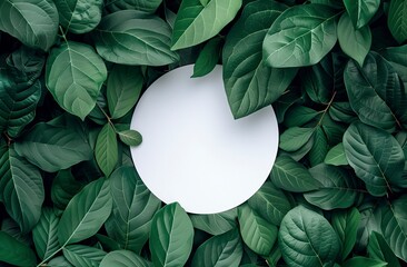 A white circle surrounded by green leaves, creating an organic and natural background for product display or branding designs