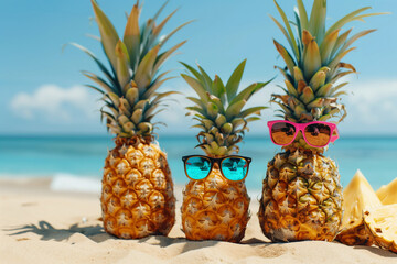 Family of funny attractive pineapples in stylish sunglasses on the sand against turquoise sea